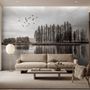 Monochrome Dark Forest and Lake Wallpaper Mural