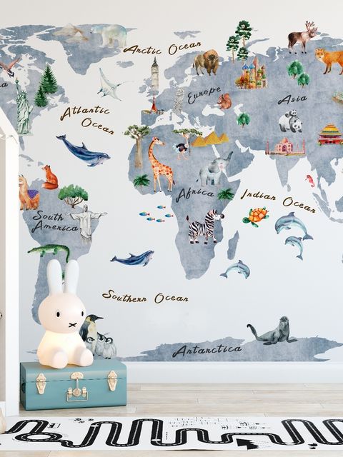 Animaux sur la carte du monde Papier peint panoramique