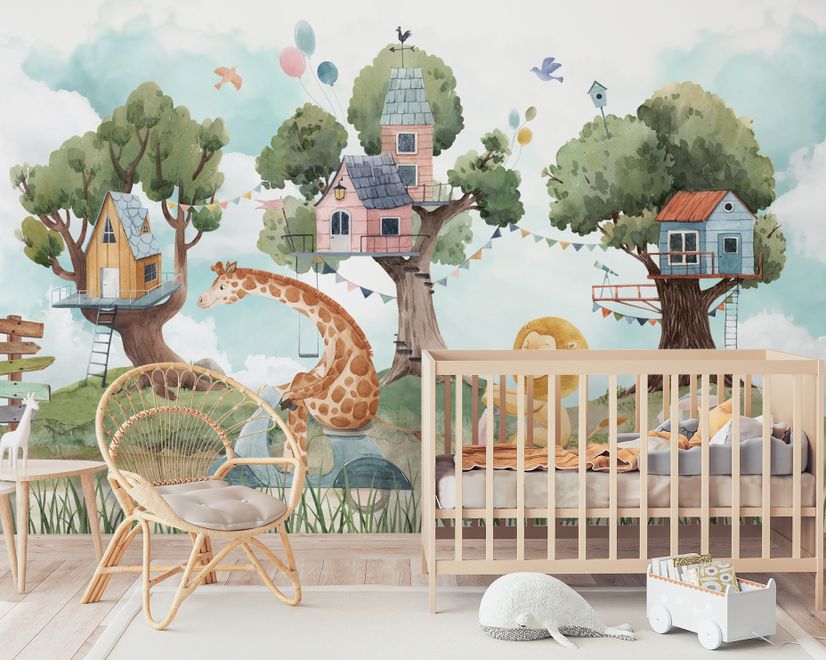 Kids Forest Animals with Treehouse Wallpaper Mural