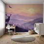 Stag mountain wallpaper with a navy deer silhouette, lavender pine ridges and a pale golden sun