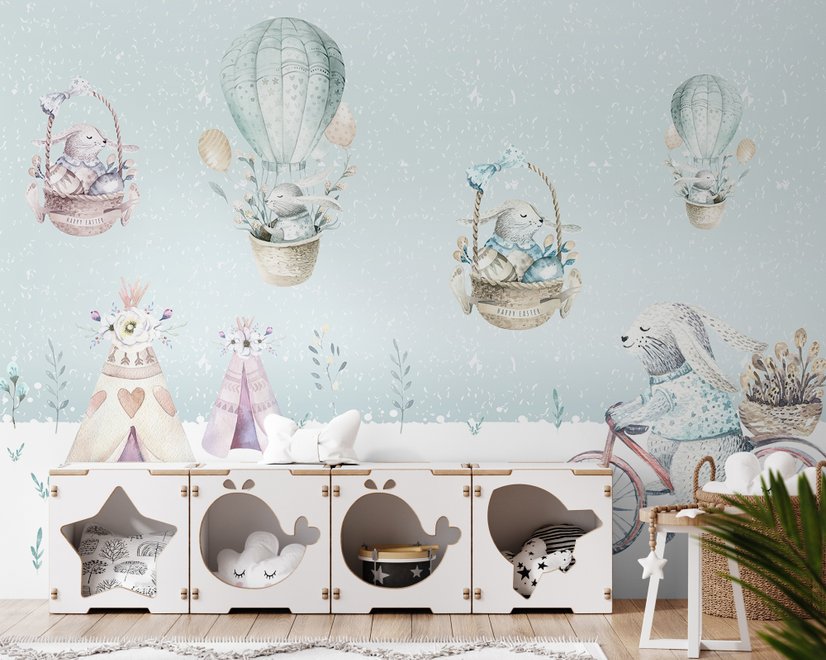 Cartoon Winterscape and Squirrels with Hot Air Balloons Wallpaper Mural