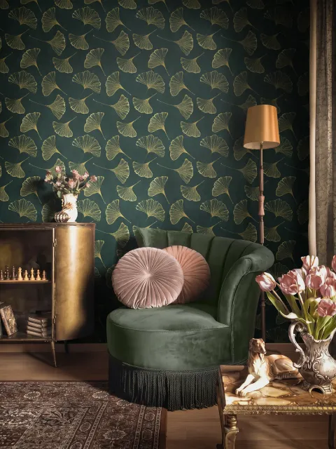 Dark green wallpaper with metallic antique-gold etched ginkgo leaves on a textured forest-green teal ground