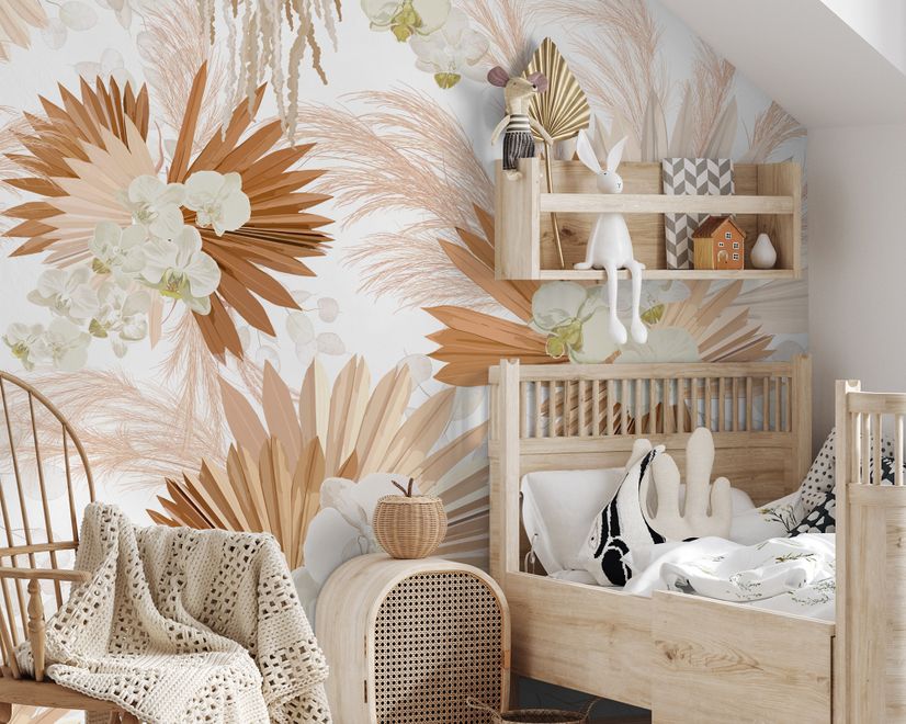 Papier peint panoramique neutre Boho Plants avec feuilles de palmier