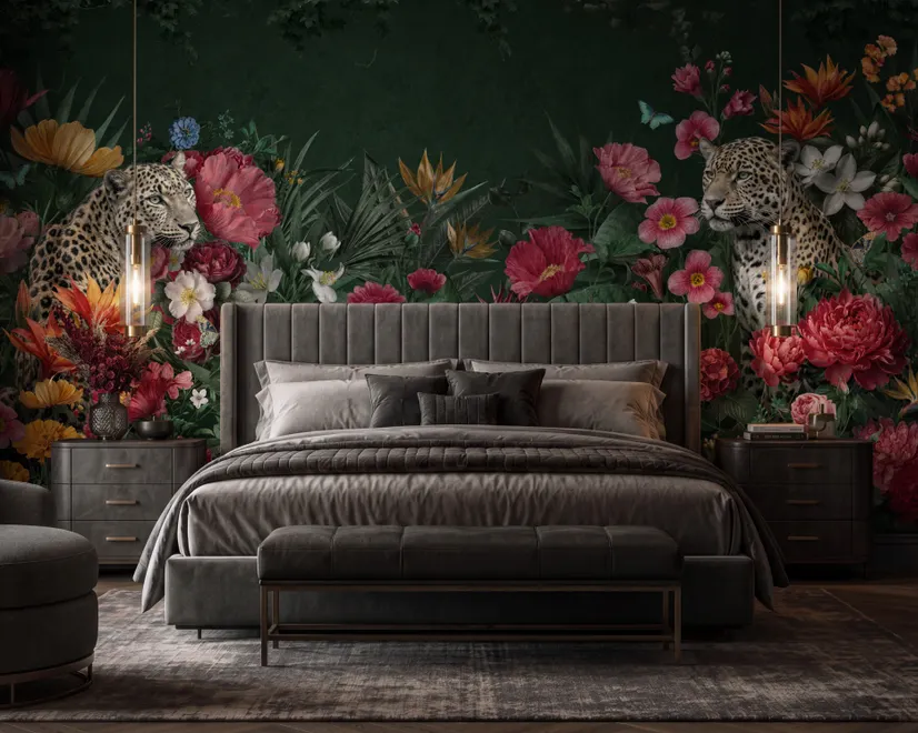 Elegant Tropical Botanical Floral and Leopard Wallpaper 