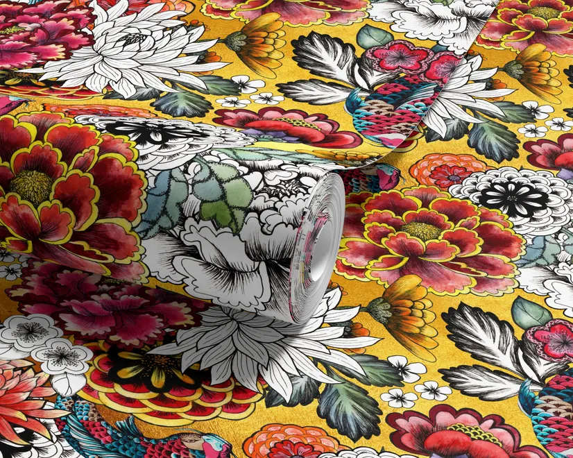 Floral and fish wallpaper with coral blooms, teal fish and black white flowers on metallic mustard-gold ground