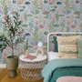 Modern coastal wallpaper with watercolour tropical fish, coral, seaweed, shells and bubbles on light aqua-blue