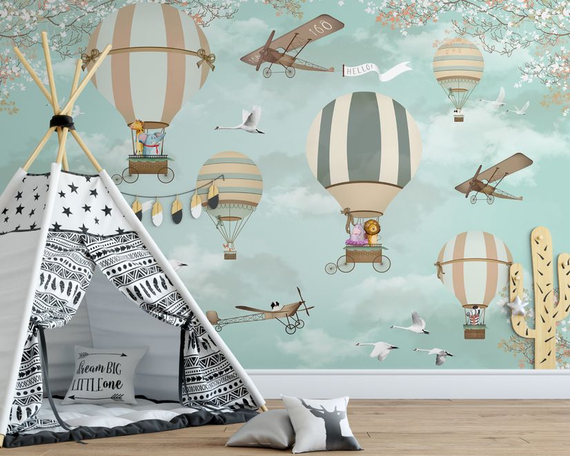 Papier peint montgolfière avec animaux