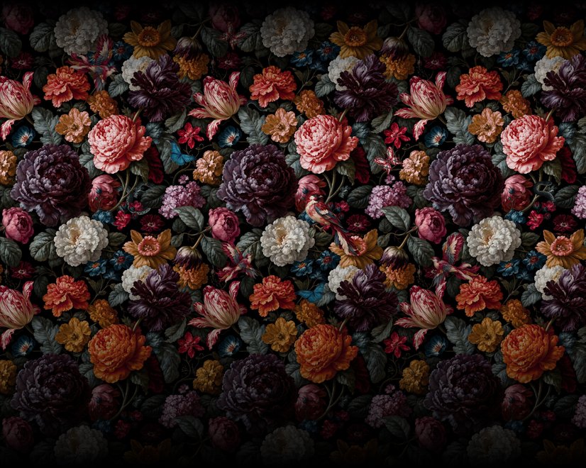 Vintage peony wallpaper mural with plum, blush and ivory flowers, dark foliage and small hummingbirds