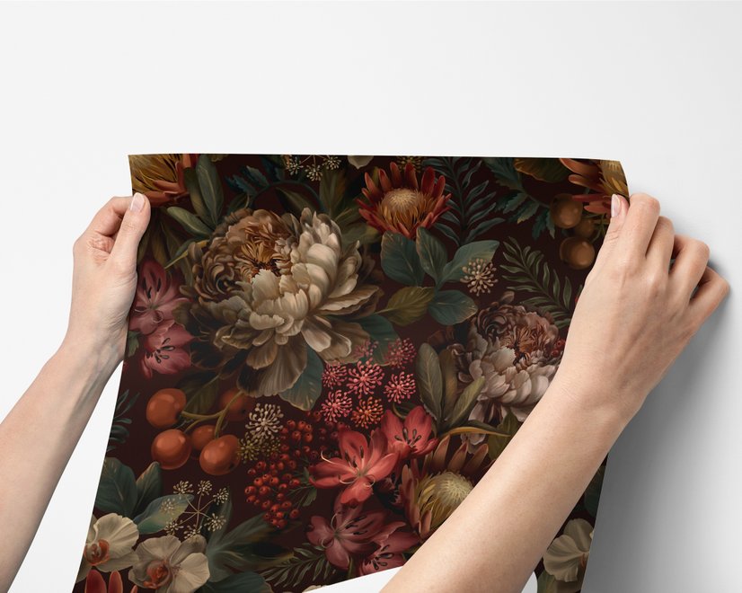 Dark moody floral wallpaper with cream peonies, coral lilies, berries and green foliage on chocolate brown