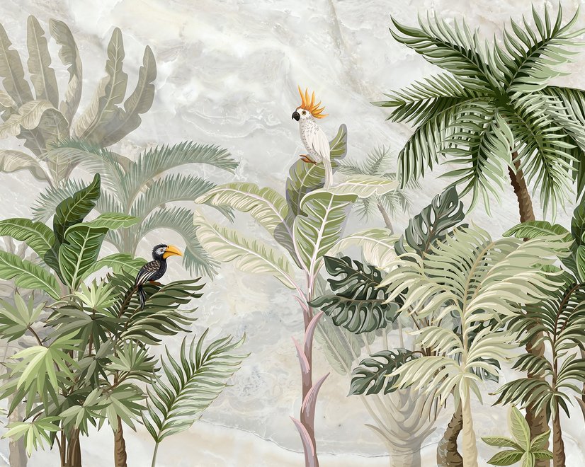 Green Tropical Forest with Parrot Wallpaper Mural