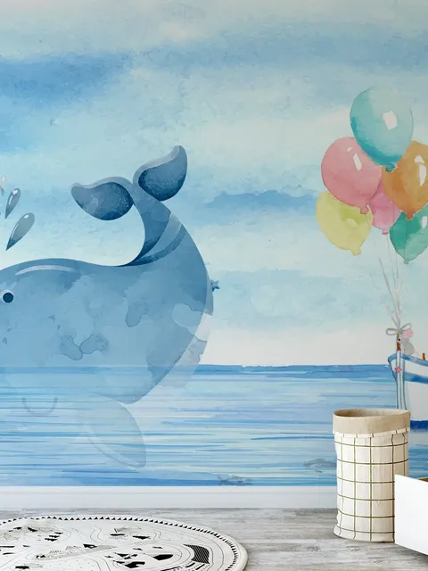 Cartoon Sea with Pink Elephant and Whales Wallpaper Mural