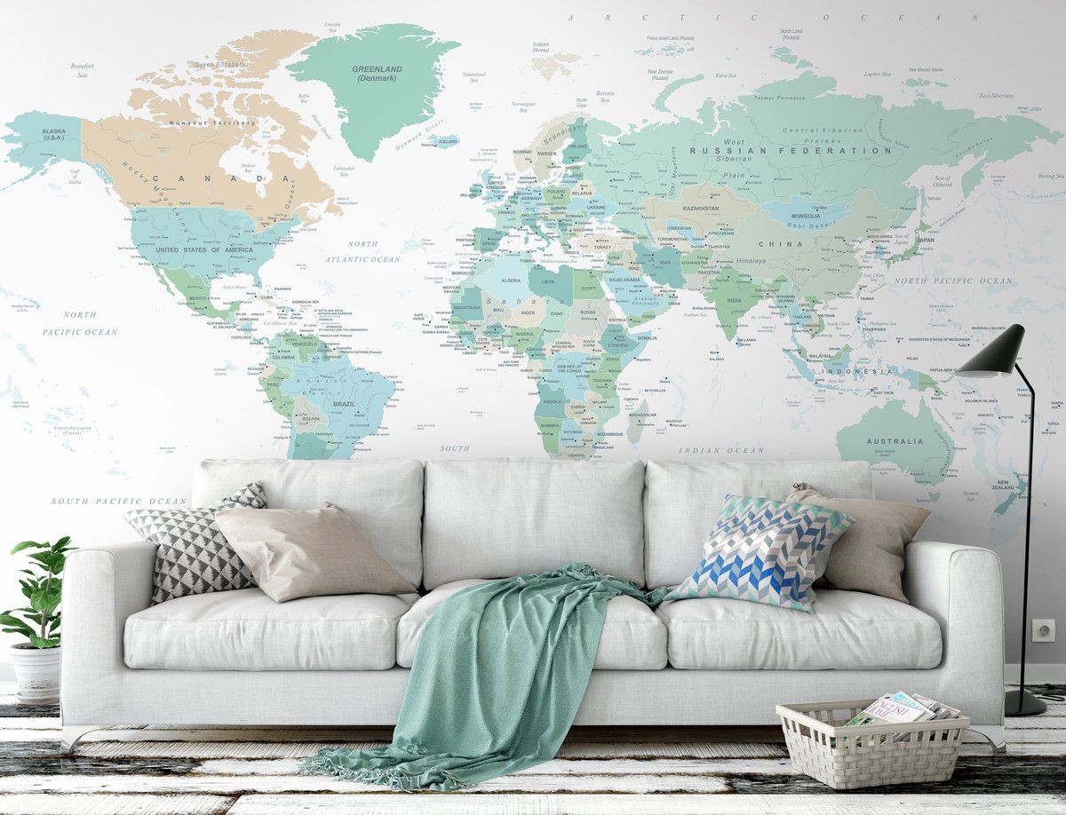 Green Political World Map Wallpaper Mural - Peel and Stick