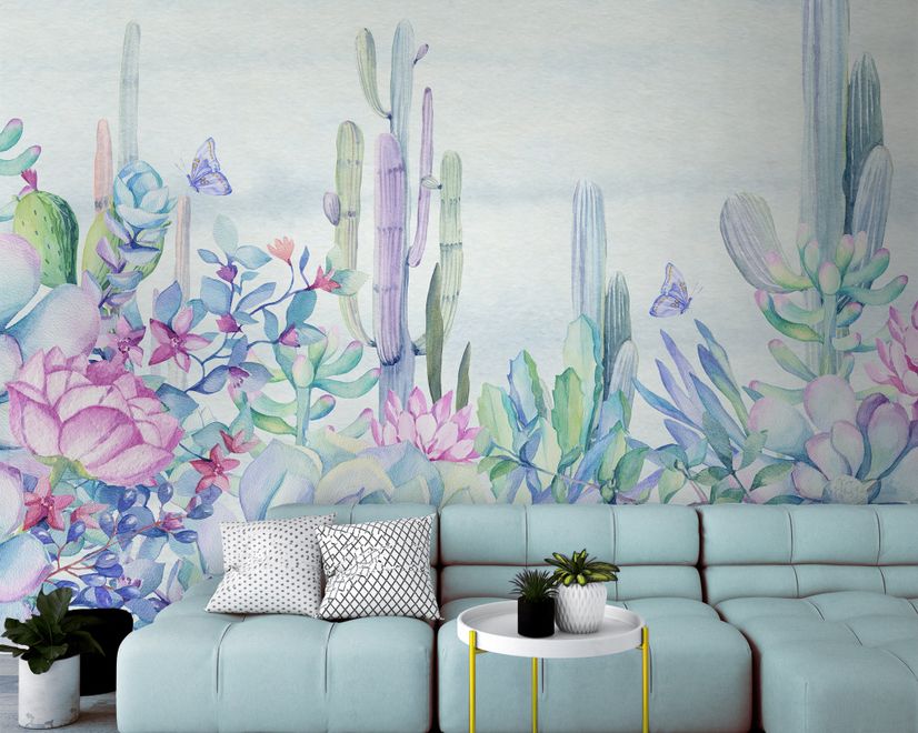 Vintage Hydrangea Flowers and Cactuses Wallpaper Mural