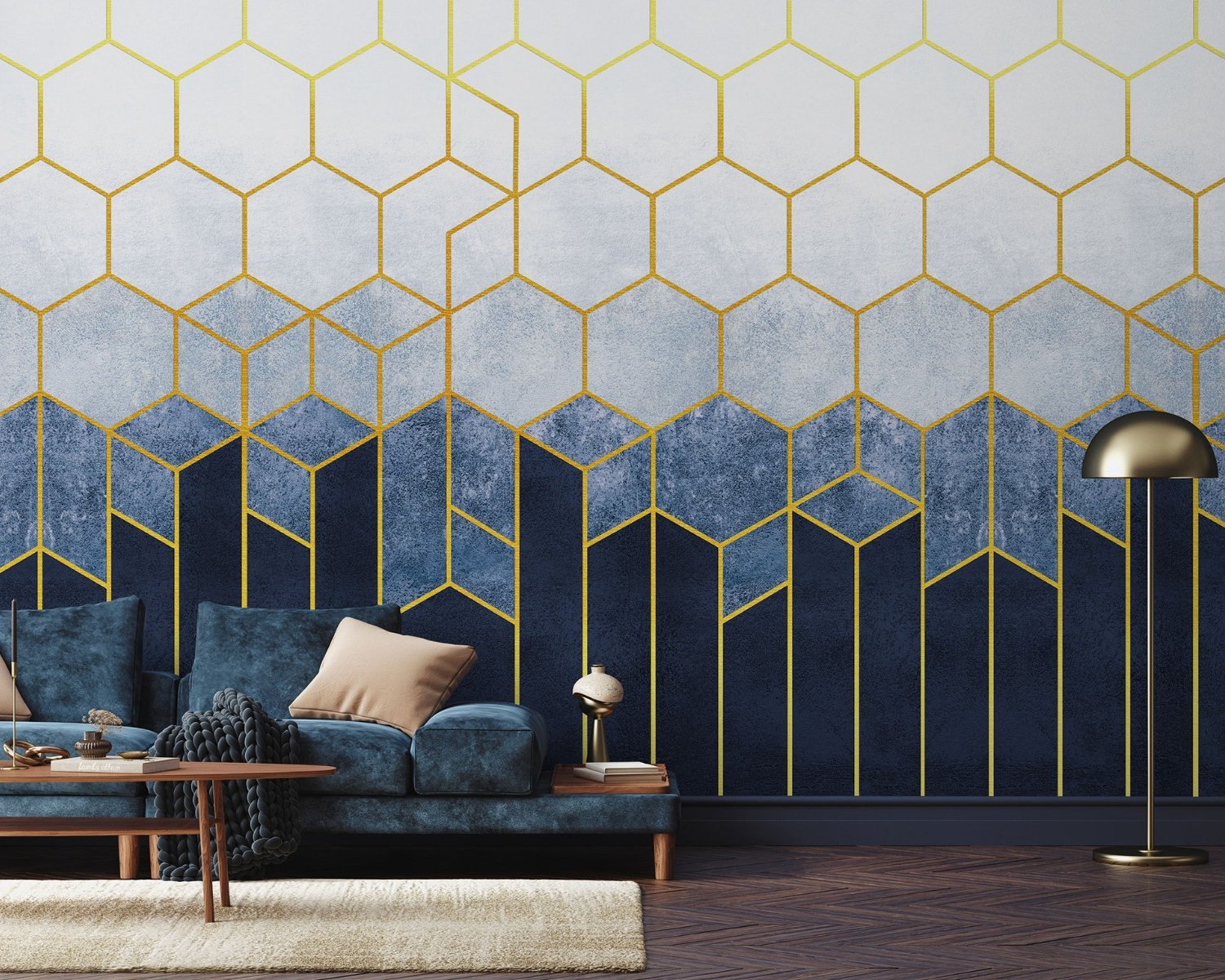 Geometric Dark Blue Honeycomb Wallpaper Mural - Peel and Stick
