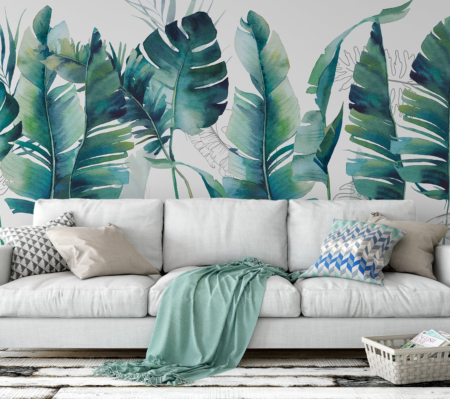 Monochrome Green Banana Leaf Wallpaper Mural - Peel and Stick