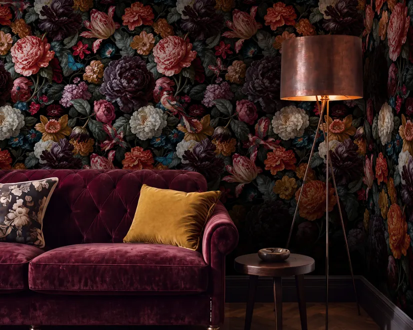 Vintage peony wallpaper mural with plum, blush and ivory flowers, dark foliage and small hummingbirds