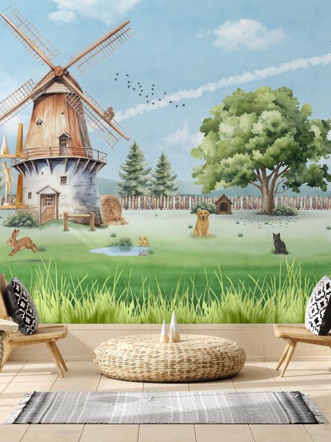 Niedliche Kinder-Fototapete Windmühle mit Bauernhoftieren