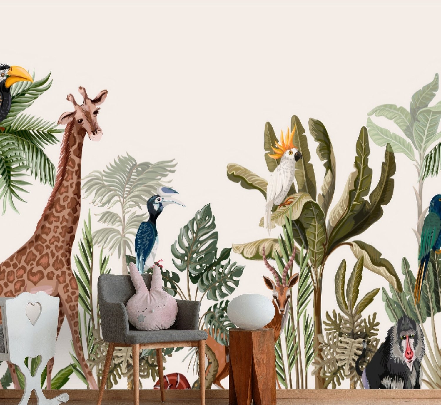 Watercolor Jungle and Safari Animals Wallpaper Mural - Peel and Stick