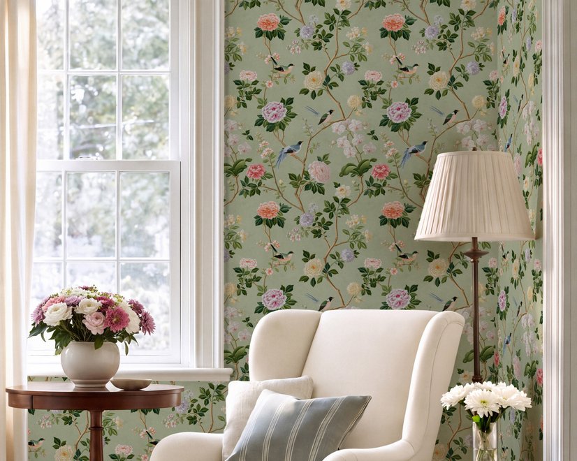 Celadon-sage chinoiserie wallpaper with blue-grey birds, tan branches, pink peonies and white orchids