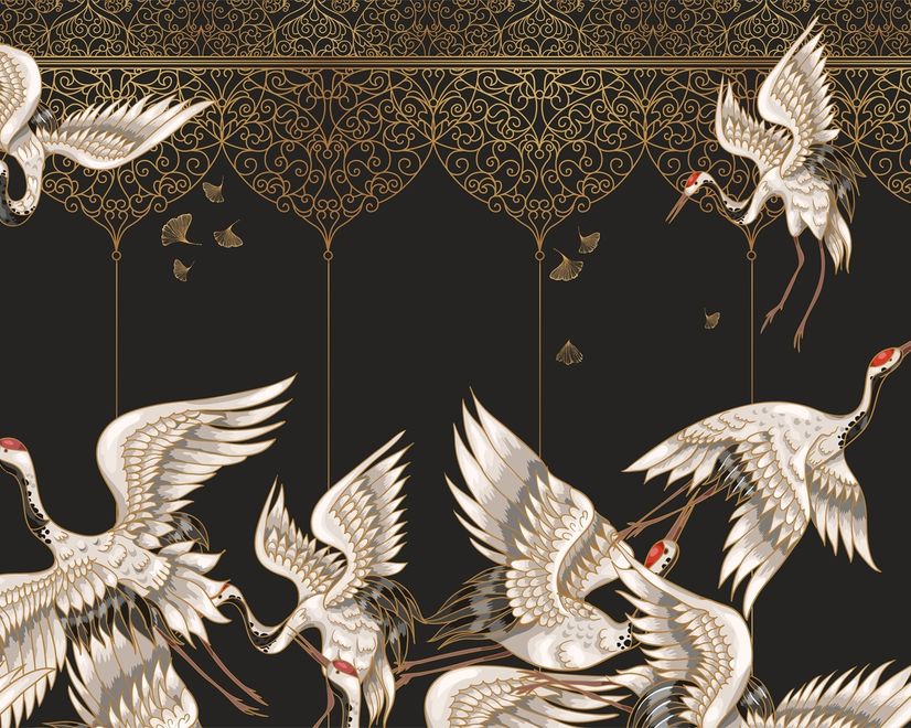 Asian Crane Birds and Ornaments Wallpaper Mural