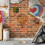 Hot Air Balloon with Young People on Brick Wallpaper Mural