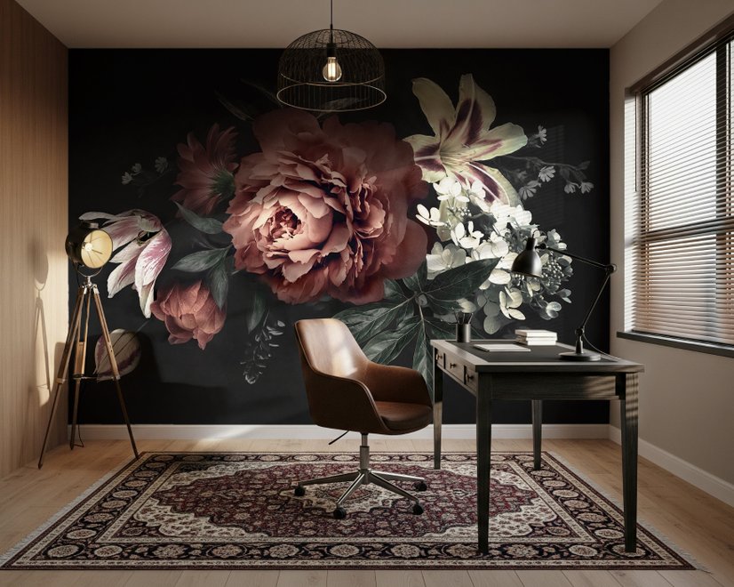 Papier peint panoramique avec pivoines et lys rouges
