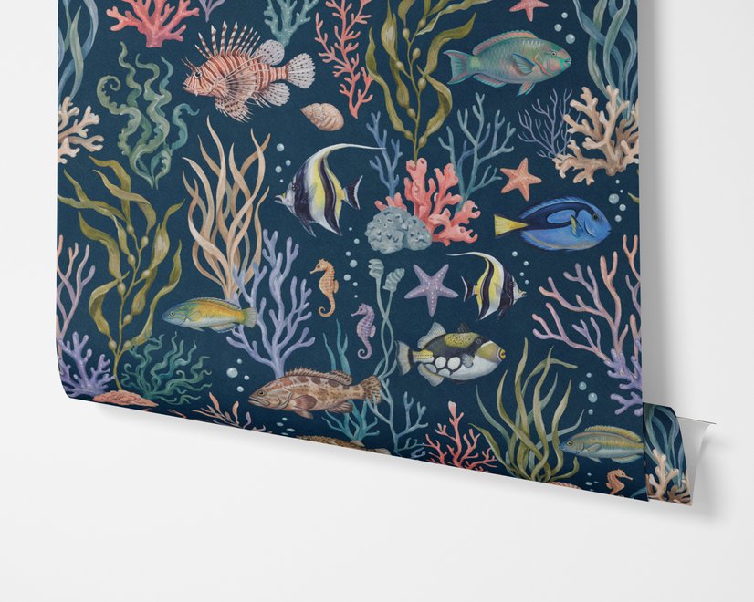 Aquarium fish tank wallpaper repeat with tropical fish, coral, seaweed, shells and bubbles on deep navy blue