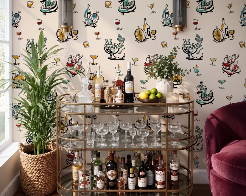 Bar area wallpaper with hand drawn cocktails, liquor bottles, citrus and fruit bowls on warm cream