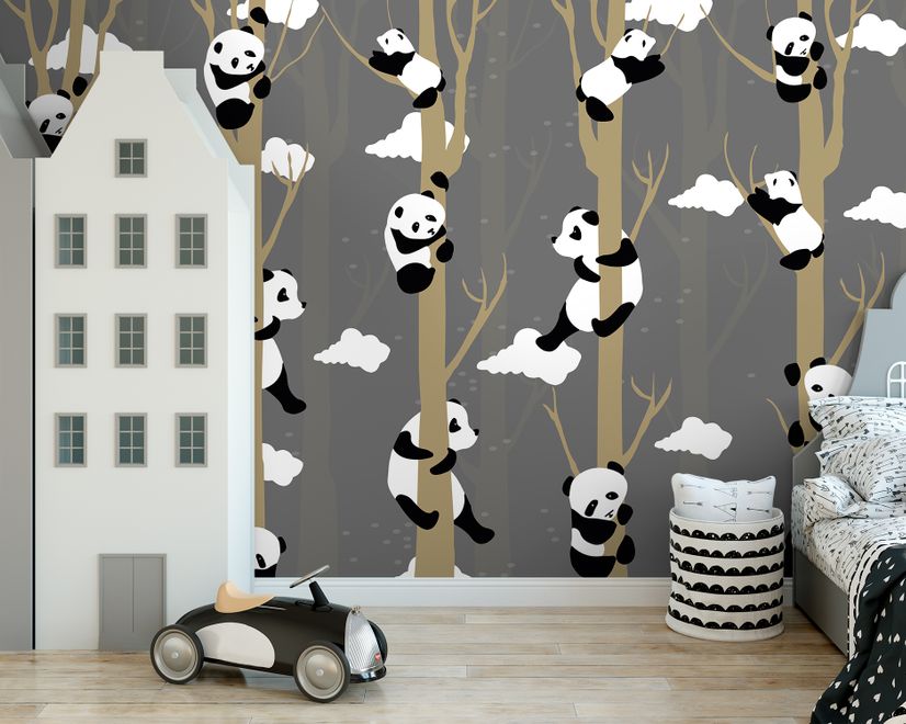 Cartoon Pandas with Tree Branches Wallpaper Mural