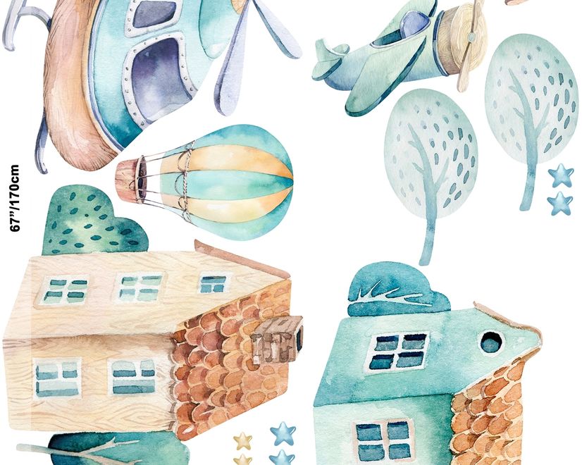 Kids Cartoon Village for Boys Watercolor Aircraft and Hot Air Balloon Wall Decal Sticker