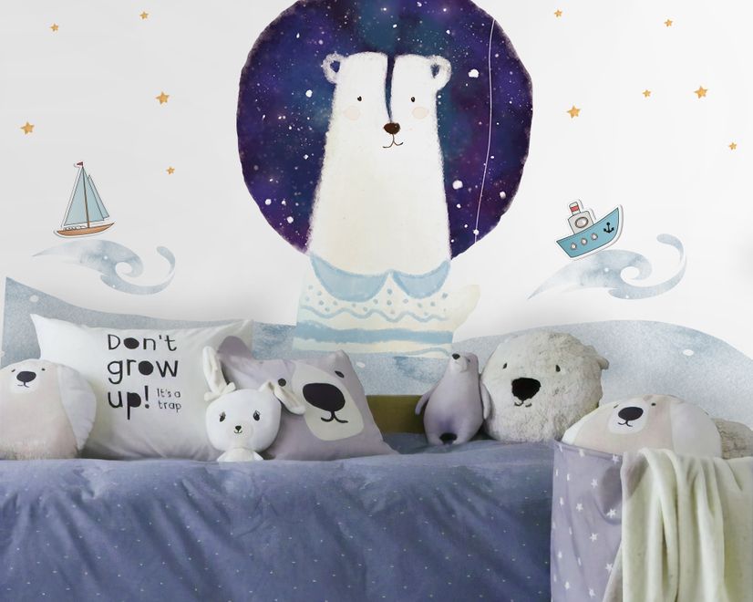 Kids Cute White Bear with Watercolor Moon and Yellow Stars Wall Decal Sticker