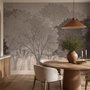 Misty forest nature wallpaper mural in greige, taupe and charcoal watercolour with birds