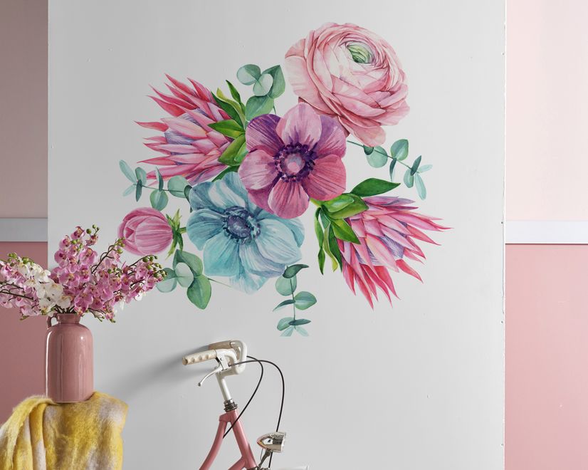 Watercolor Pink Protea with Ranunculus and Tulips Wall Decal Sticker