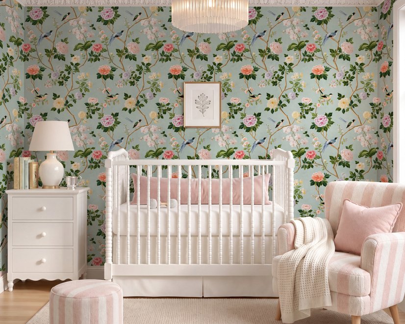 Chinoiserie wallpaper with peach birds, orchids and peonies on a pale duck egg blue ground