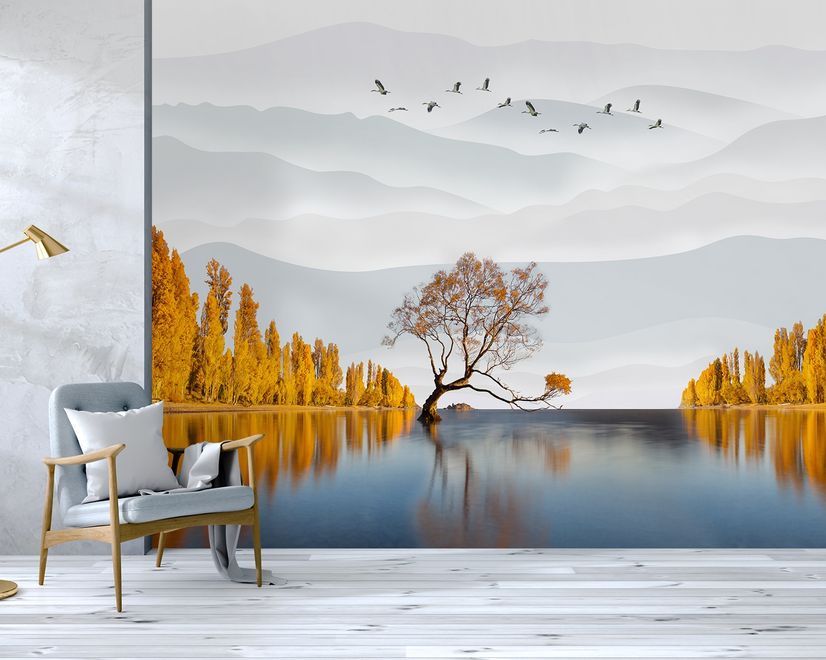 River Landscape and Yellow Autumn Trees Wallpaper Mural