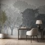 Light gray wallpaper mural with misty forest trees, falling leaves and birds