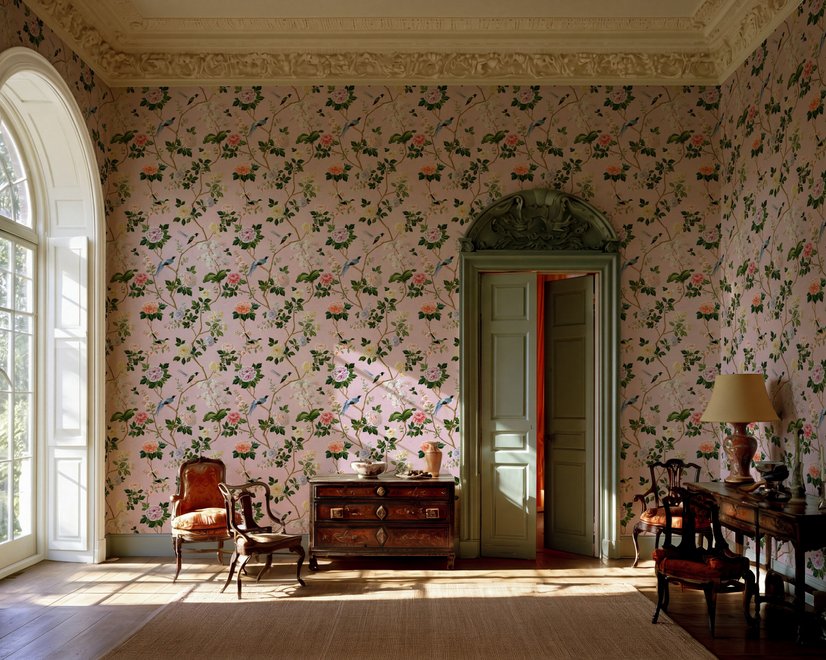 Cute pink wallpaper with birds, tan branches, green leaves and ivory, coral and lilac flowers.