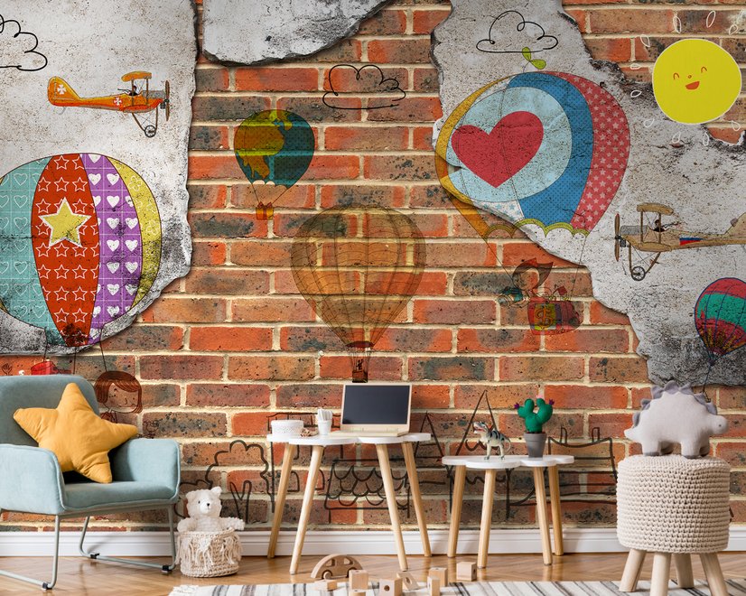 Heißluftballon mit jungen Leuten auf Ziegel Fototapete
