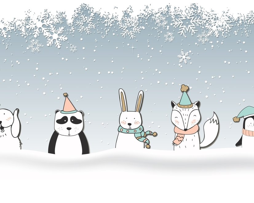 Cartoon-Fuchs und Panda Wintertiere Fototapete