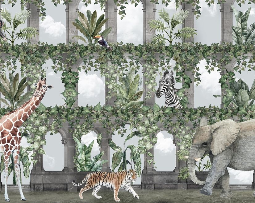 Kids Tropical Animals Around the Arch Wallpaper Mural