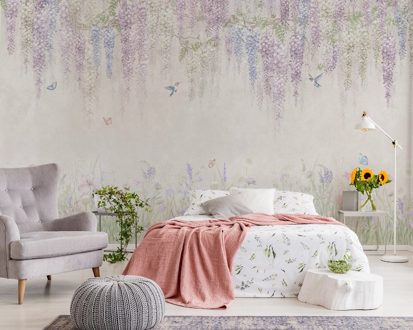 Watercolor Hanging Wisteria Flowers with Hummingbirds Wallpaper Mural 