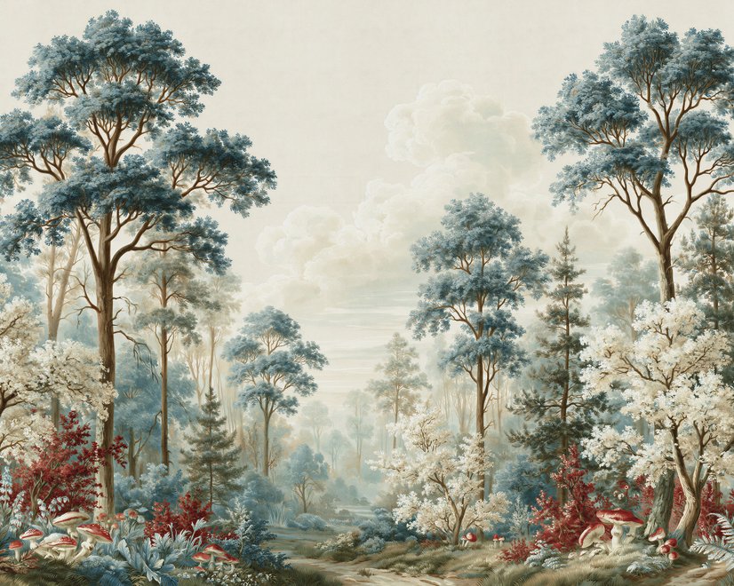 Vintage forest wallpaper mural with blue-grey trees, ivory blossom, red plants and toadstools around a misty path