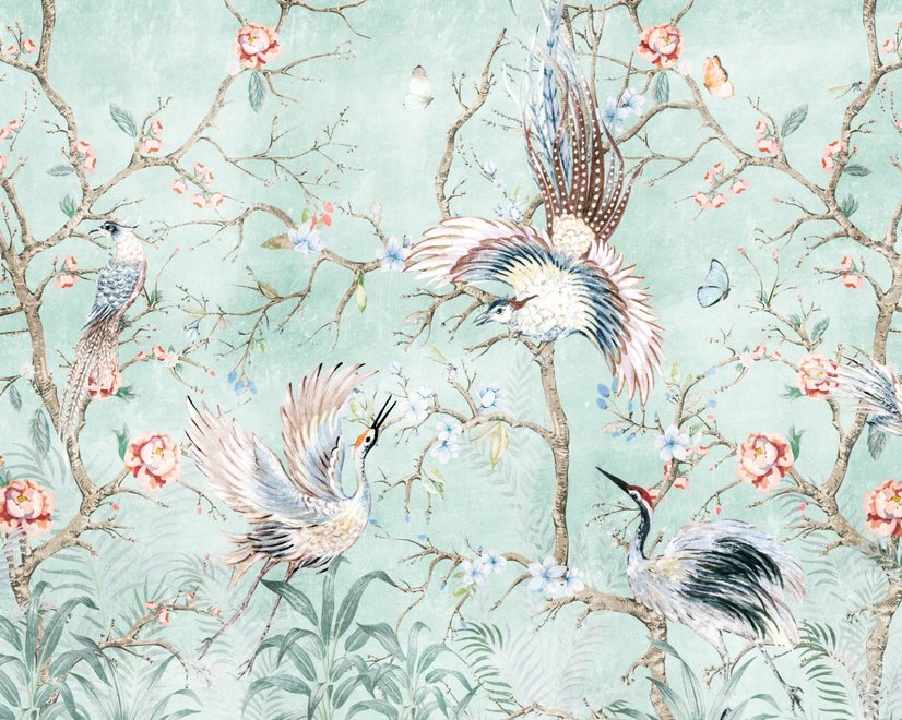 Papier peint panoramique Chinoiserie Fleur de Pivoine avec Oiseaux Chinois