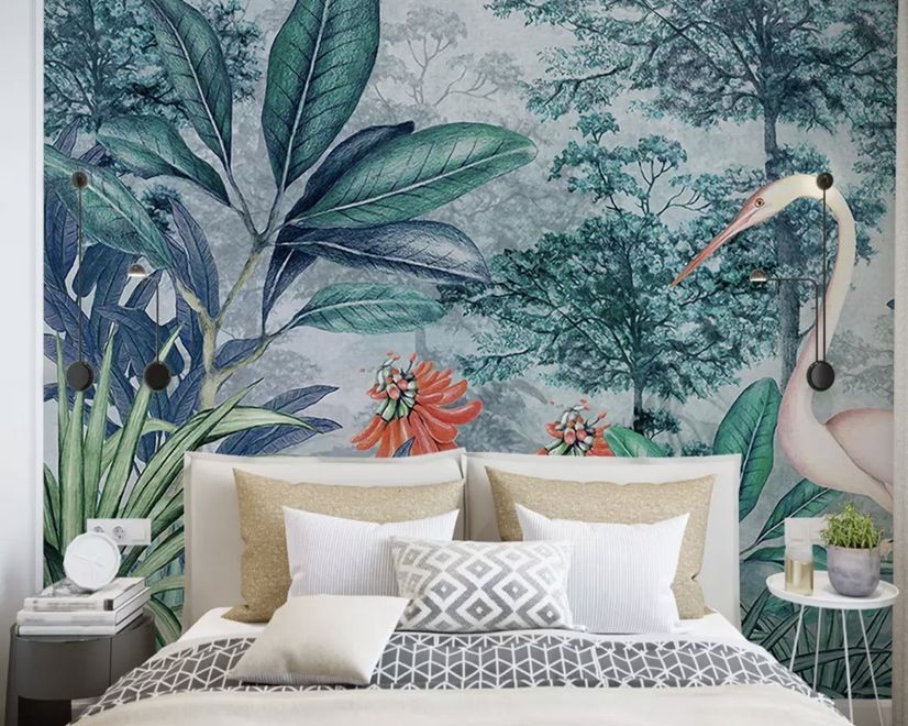 Watercolor Painting Forest and Storks Wallpaper Mural