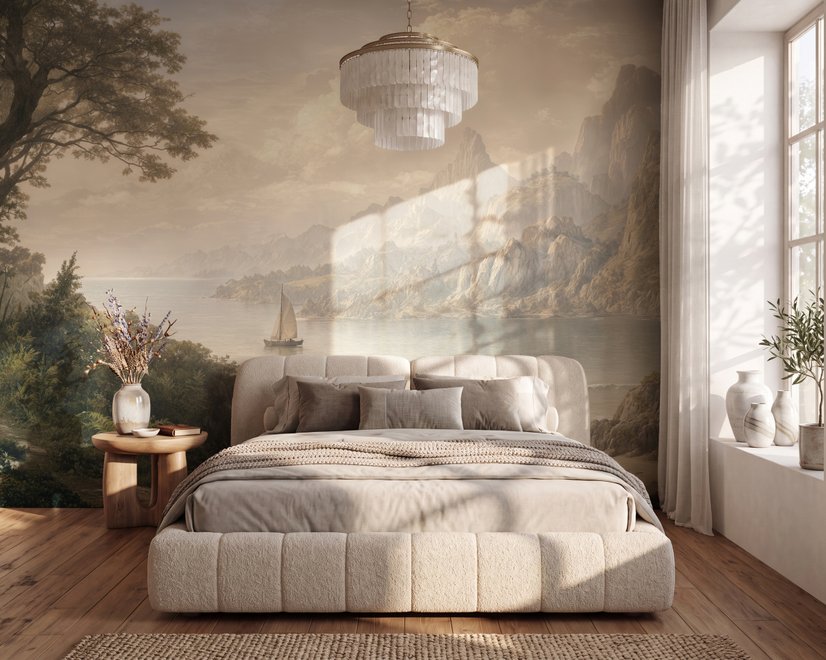 Landscape wallpaper mural with sepia coastal mountains, sailboat, beach figure and foreground tree