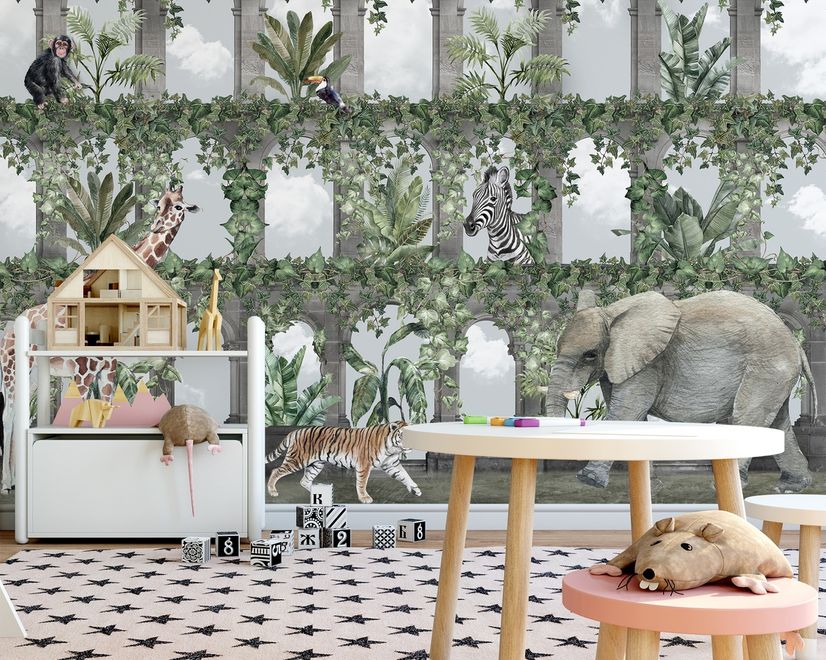 Kids Tropical Animals Around the Arch Wallpaper Mural