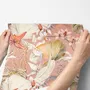 Pink tropical wallpaper with ivory fan palms, orchids, coral blossoms and sage foliage on dusty rose