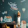 Kinder Cartoon Dorf für Jungen Wasserfarben Flugzeug und Heißluftballon Wandtattoo