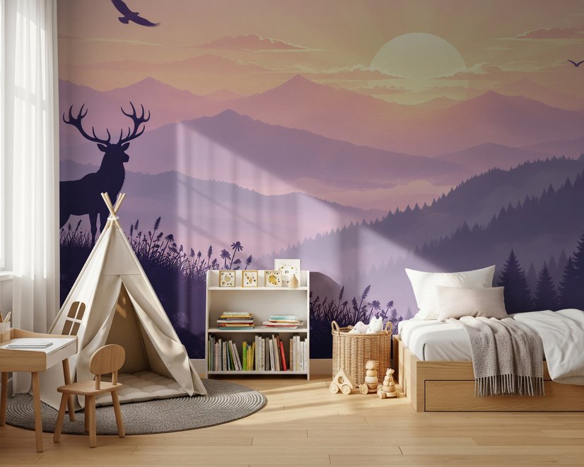 Stag mountain wallpaper with a navy deer silhouette, lavender pine ridges and a pale golden sun