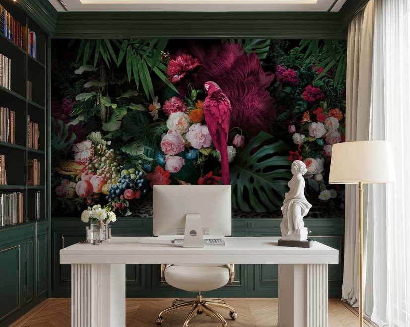 Papier peint perroquet rose avec fleurs colorées